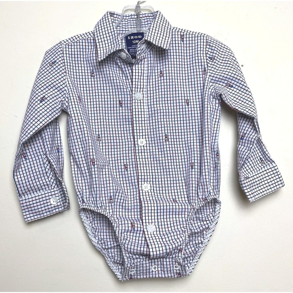 IZod Baby Boys Size 12M Button Check Dress Shirt Blue White Red Lighthouses